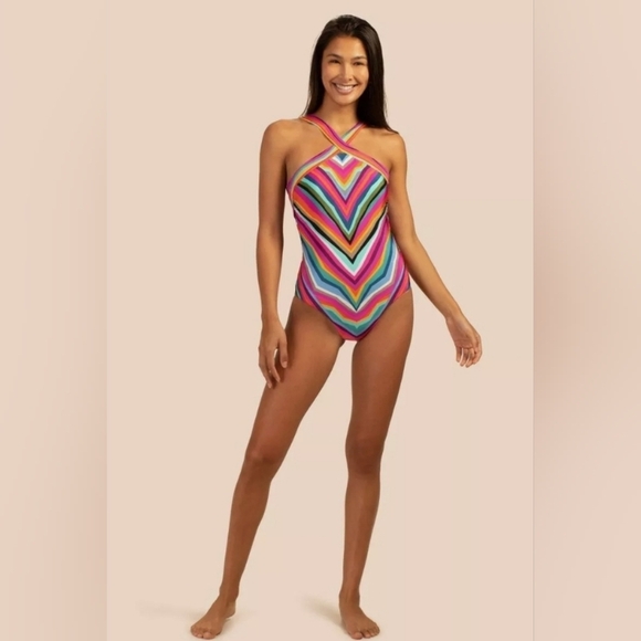 Trina Turk Louvre Reversible Multicolor and Teal Halter One-Piece Swimsu… - Picture 2 of 9